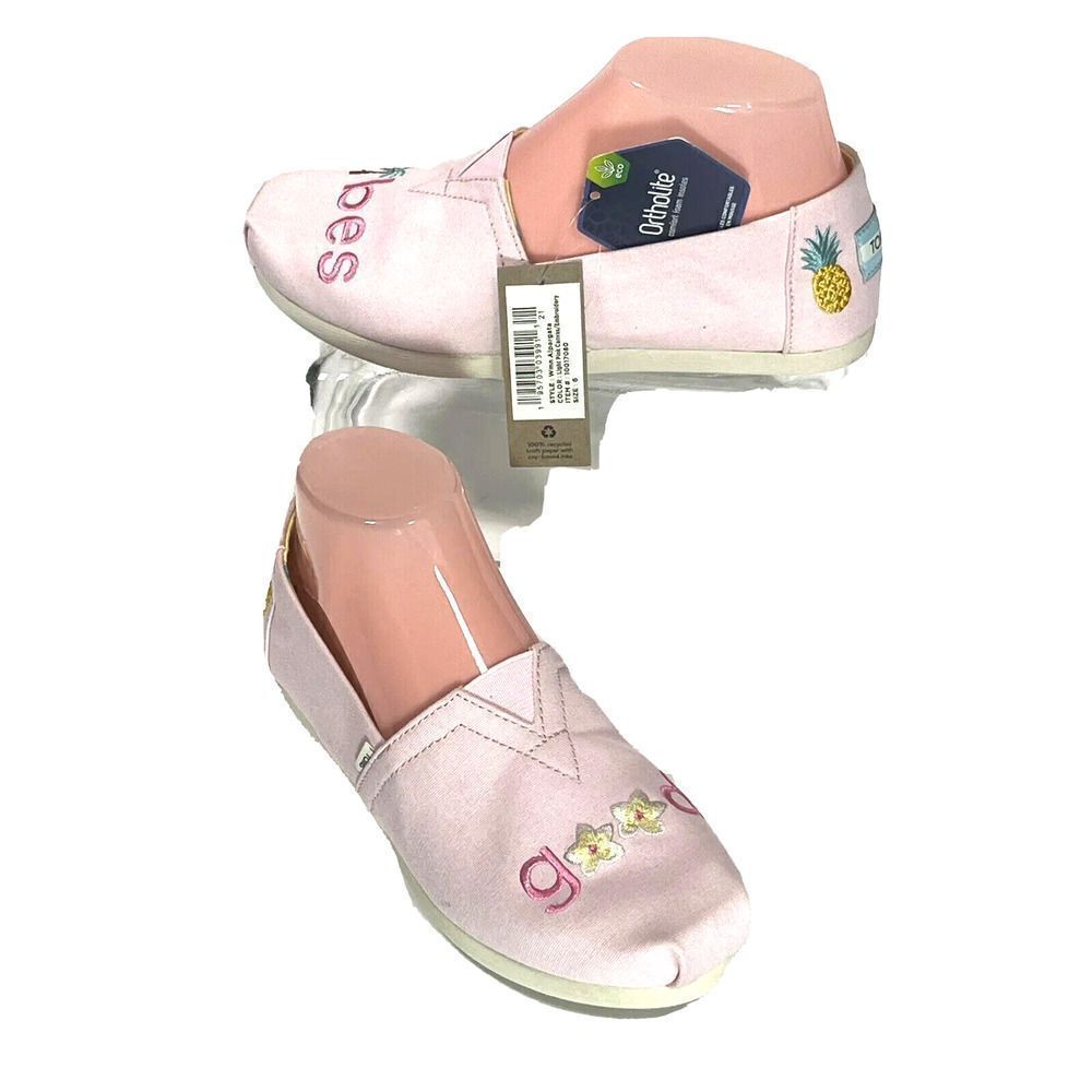 TOMS Womens Pink Embroidered‎ Flat Shoes Size 6 US Good Vibes Alpargata  New